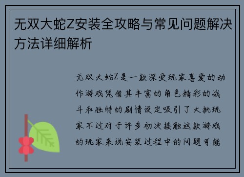 无双大蛇Z安装全攻略与常见问题解决方法详细解析